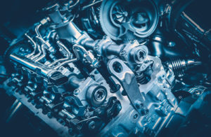 a detailed 3D graphic of a car's engine